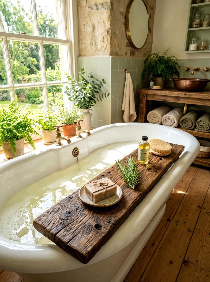 Reclaimed wood bath tray - 30 tub tray styling ideas