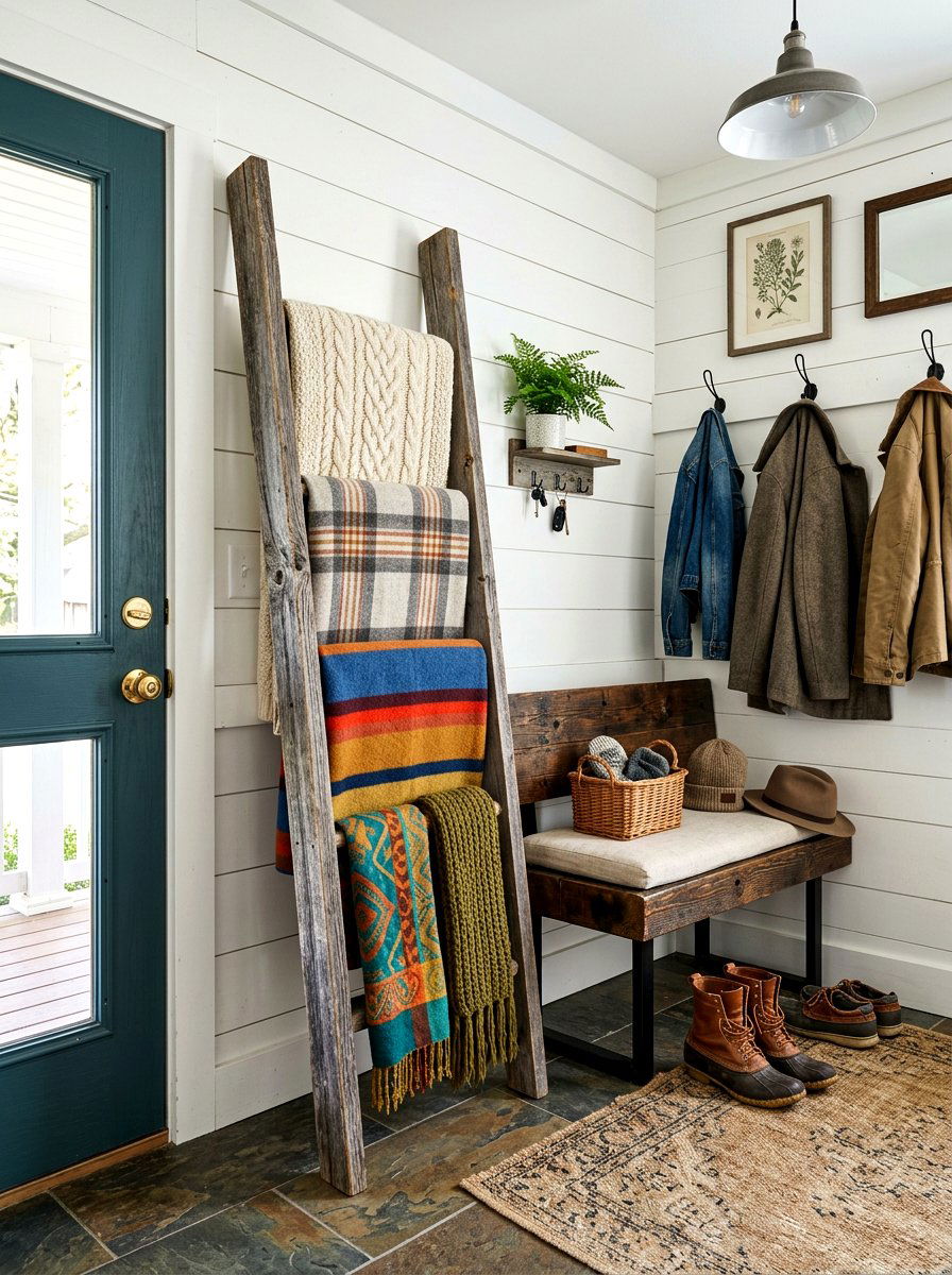 Reclaimed wood blanket ladder - 30 corner ladder blanket ideas