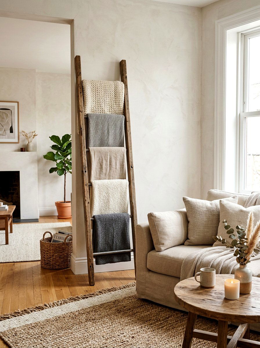 Reclaimed wood blanket ladder - 30 reclaimed wood living room ideas