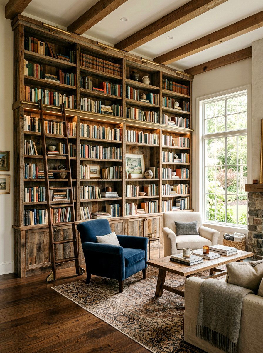 Reclaimed wood built in bookcase - 30 reclaimed wood living room ideas