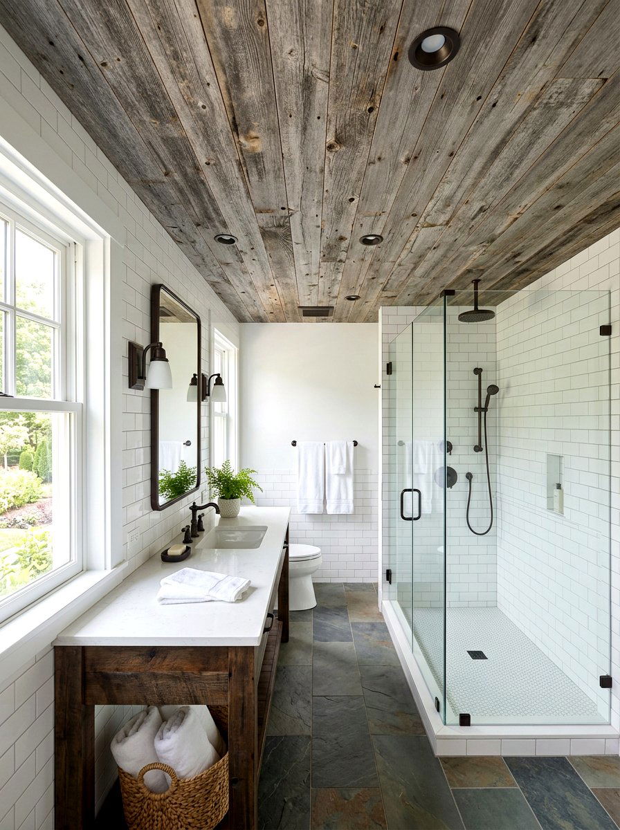 Reclaimed wood ceiling - 30 lodge bathroom ideas