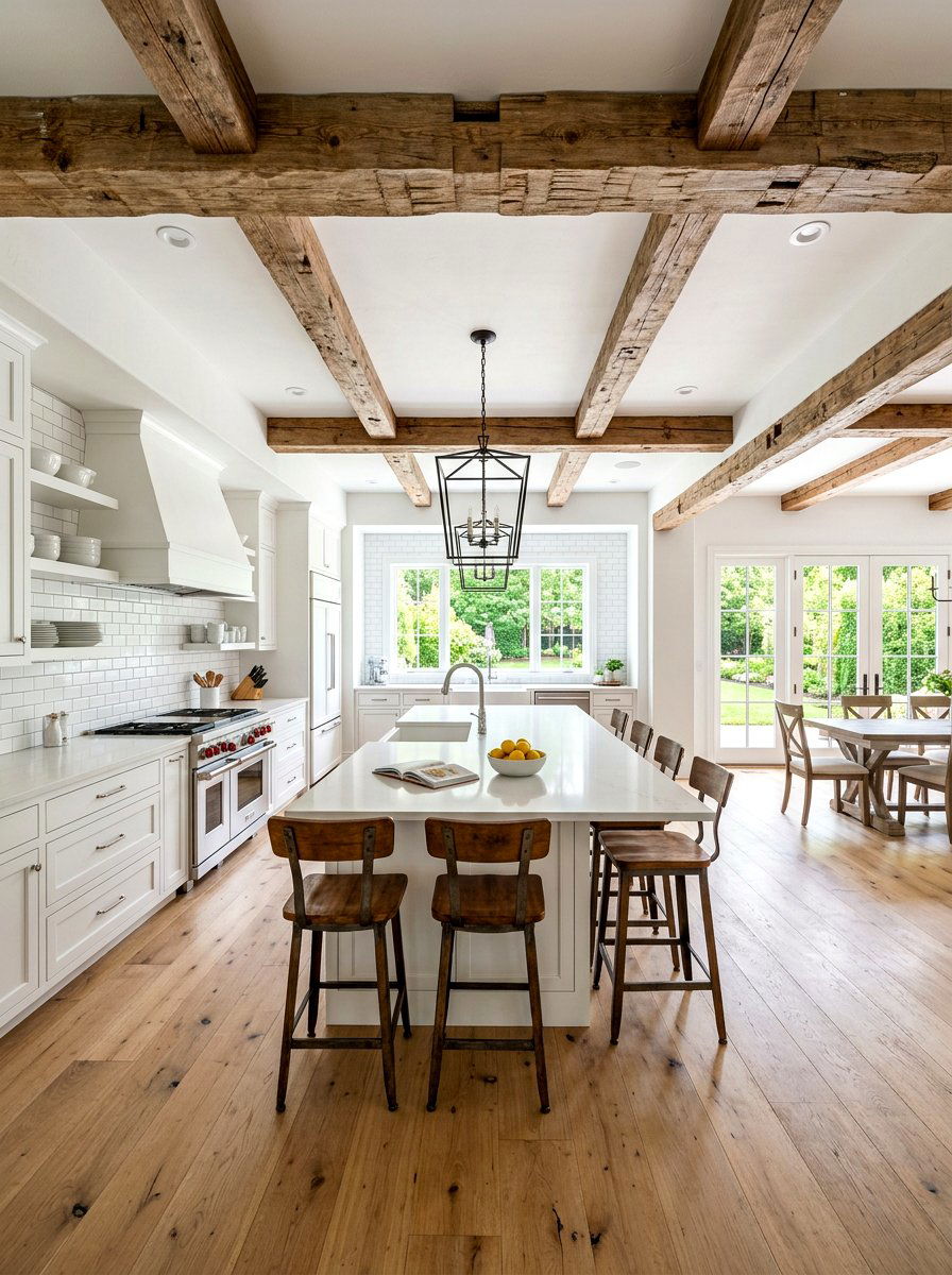 Reclaimed wood ceiling beams - 30 industrial farmhouse kitchen ideas
