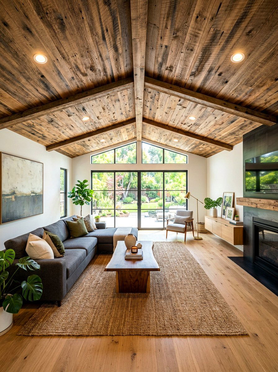 Reclaimed wood ceiling planks - 30 reclaimed wood living room ideas