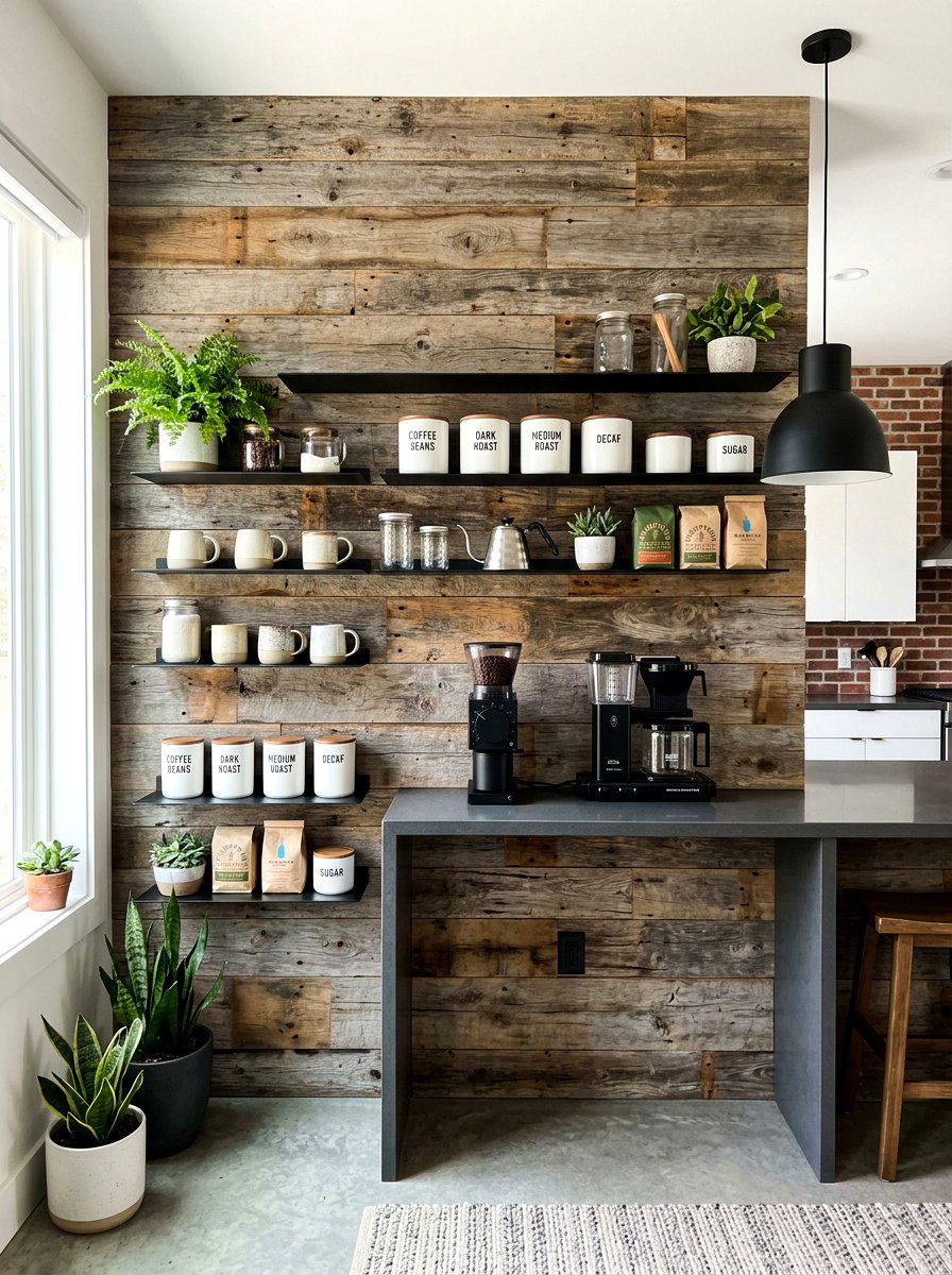 Reclaimed wood coffee wall - 30 coffee pantry wall ideas
