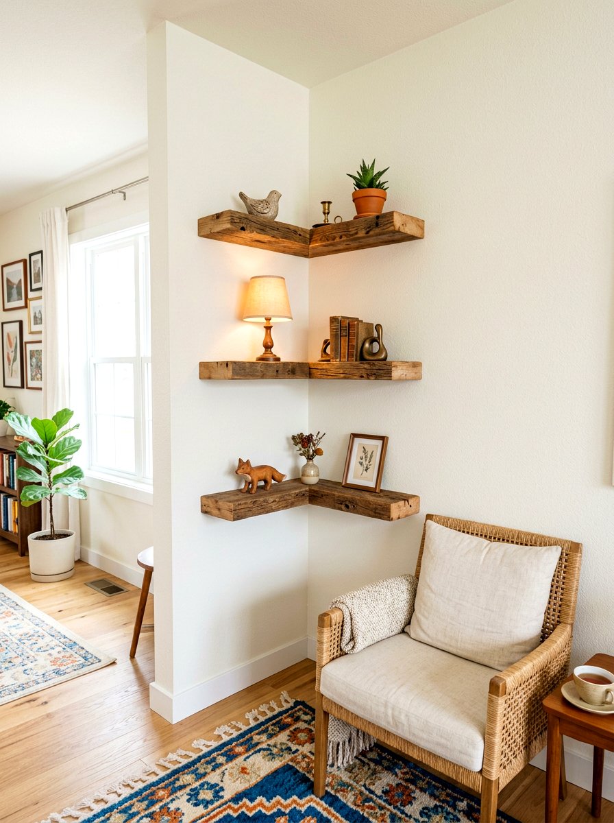 Reclaimed wood corner shelf - 30 reclaimed wood living room ideas