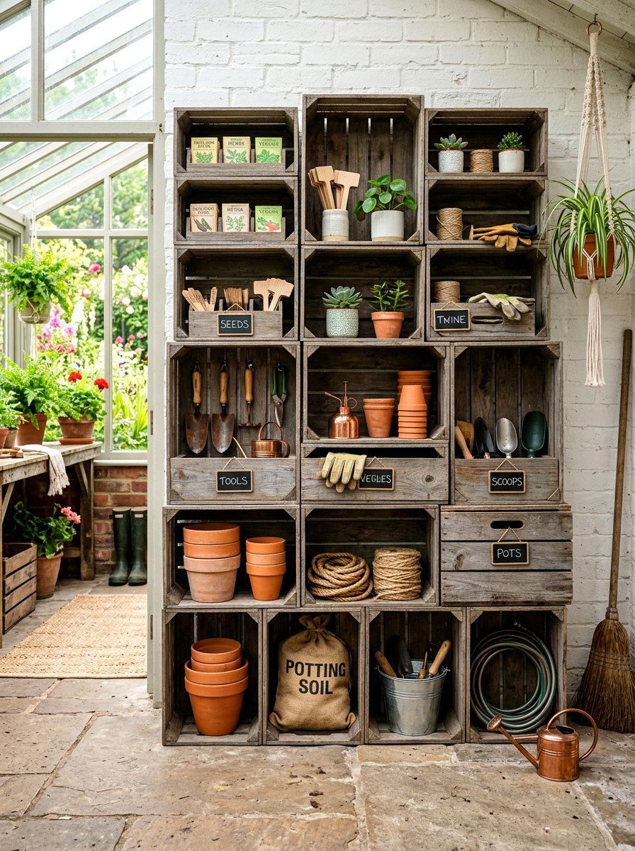 Reclaimed wood crates - 30 potting shed storage ideas