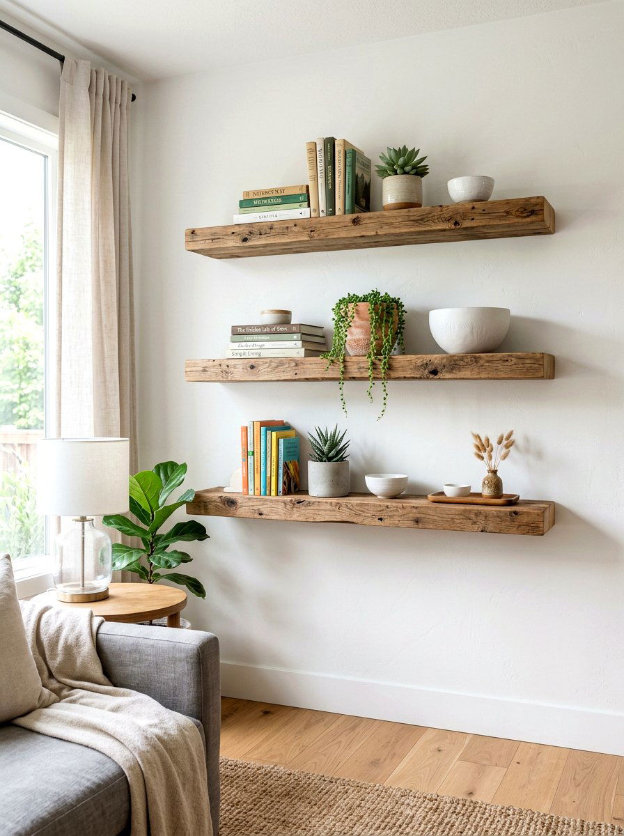Reclaimed wood floating shelves - 30 reclaimed wood living room ideas