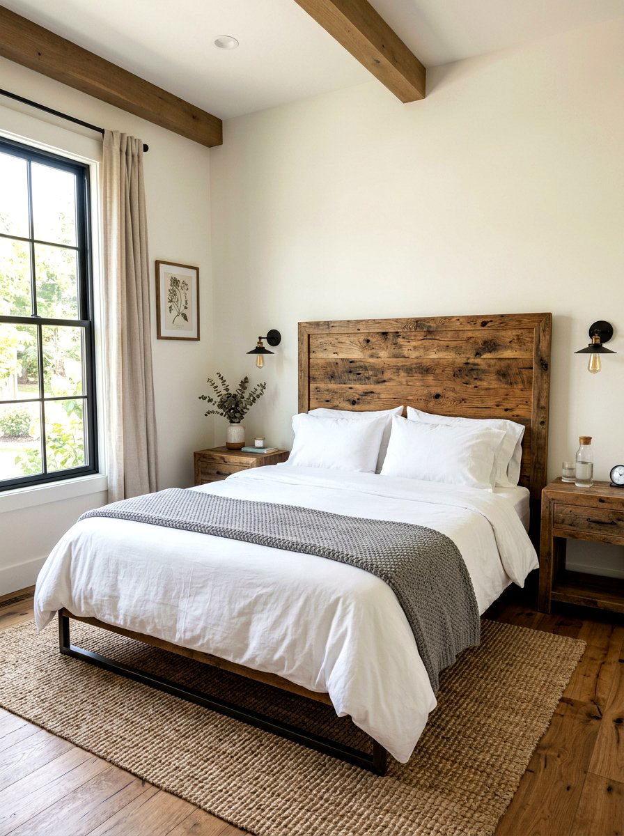 Reclaimed wood headboard - 30 farmhouse bedroom ideas