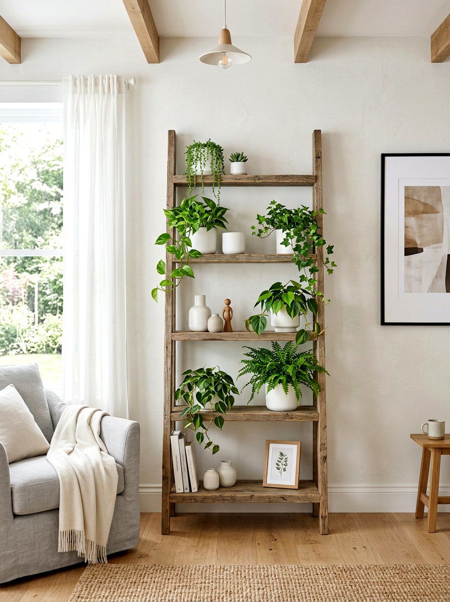 Reclaimed wood ladder shelf - 30 reclaimed wood living room ideas