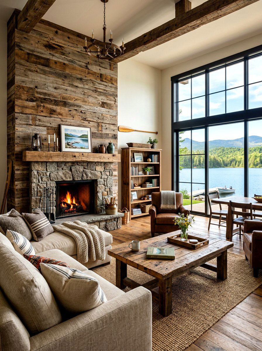 Reclaimed wood lake house - 30 lake house living room ideas