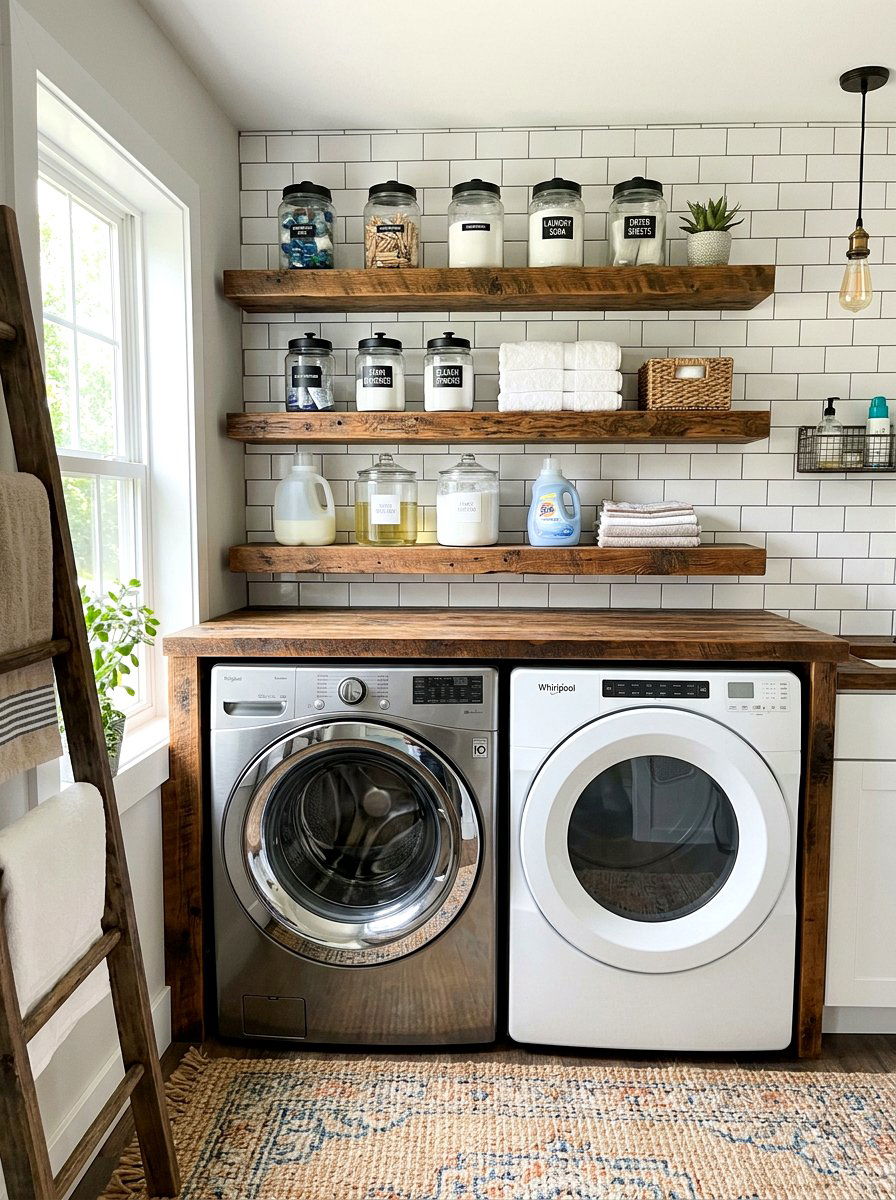 Reclaimed wood laundry shelves - 30 eco laundry room ideas