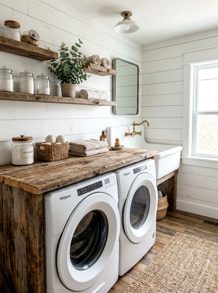Reclaimed wood laundry topper - 30 countertop over washer dryer ideas