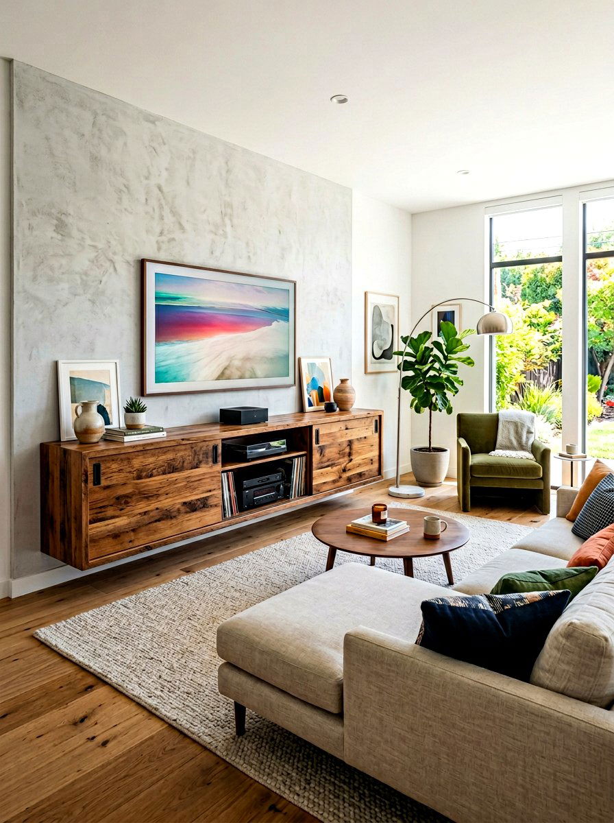 Reclaimed wood media console - 30 reclaimed wood living room ideas