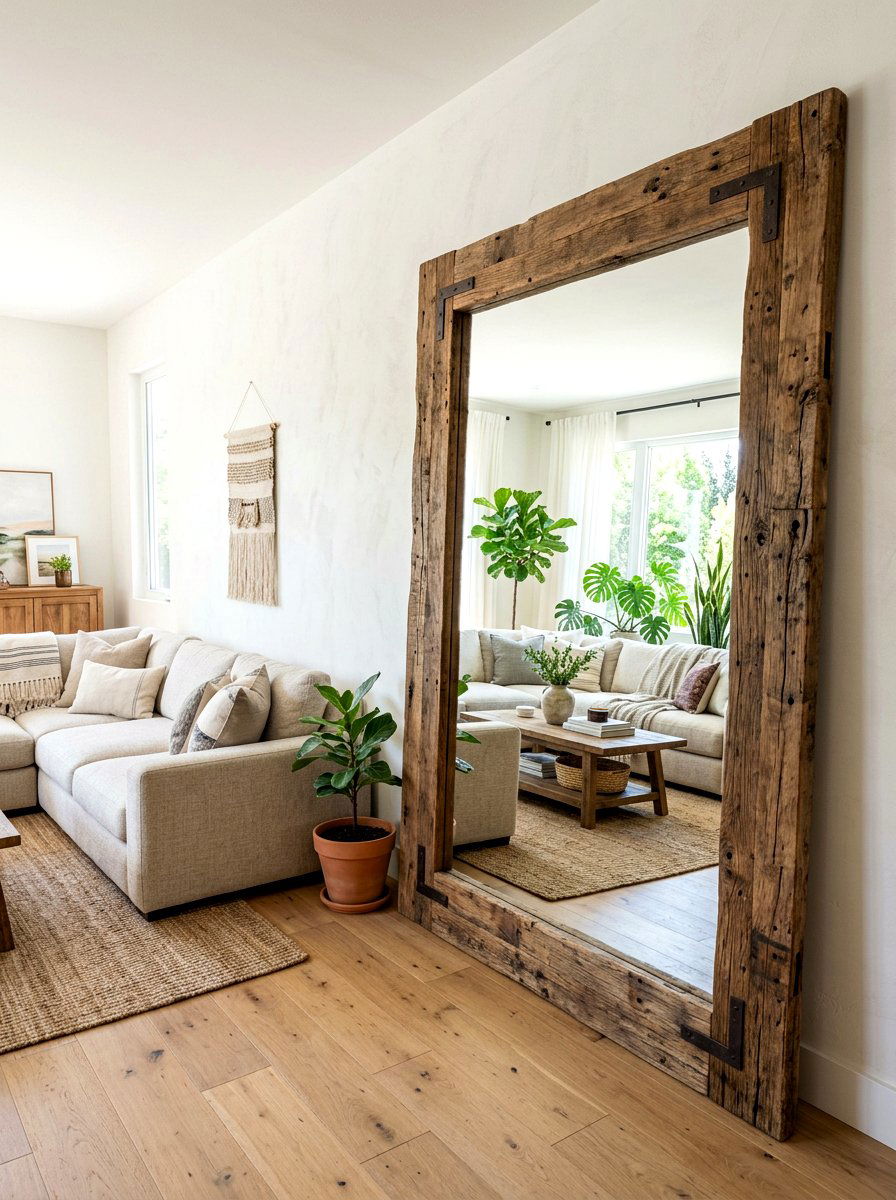 Reclaimed wood mirror frame - 30 reclaimed wood living room ideas