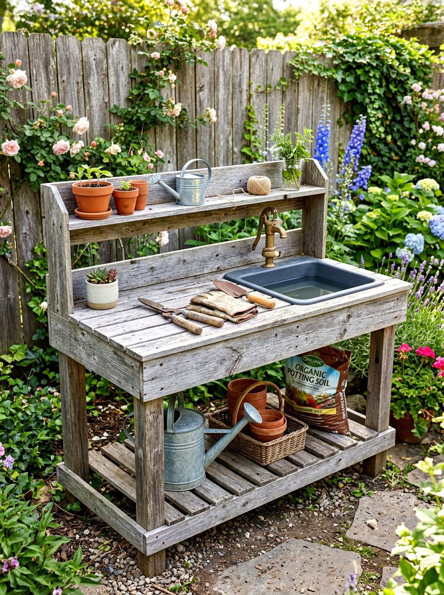 Reclaimed wood potting bench sink - 30 outdoor sink station ideas