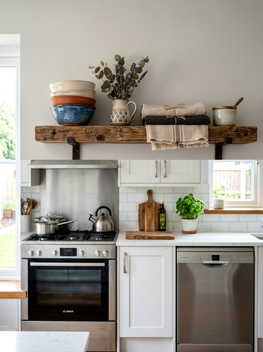 Reclaimed wood shelf - 30 tiny kitchen open shelf ideas