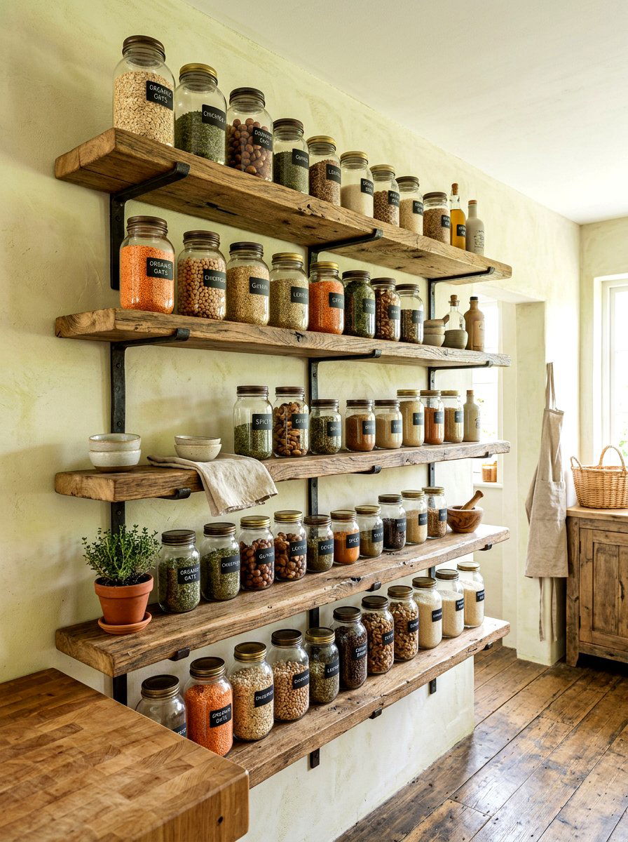 Reclaimed wood shelves - 30 reach in pantry ideas