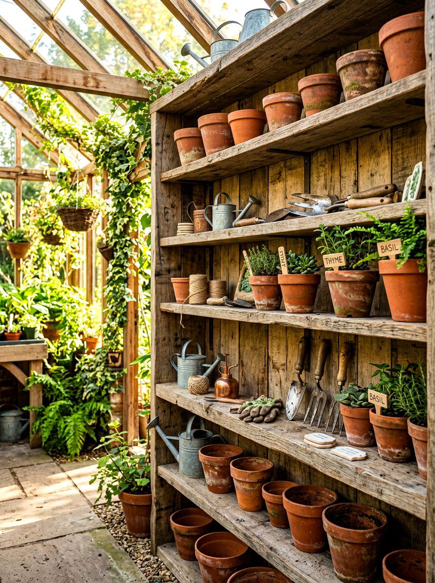 Reclaimed wood shelving - 30 greenhouse shelving ideas