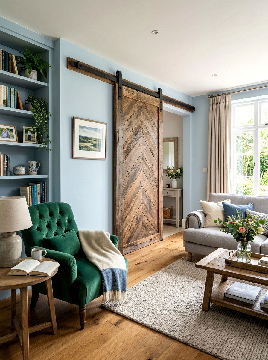 Reclaimed wood sliding barn door - 30 reclaimed wood living room ideas