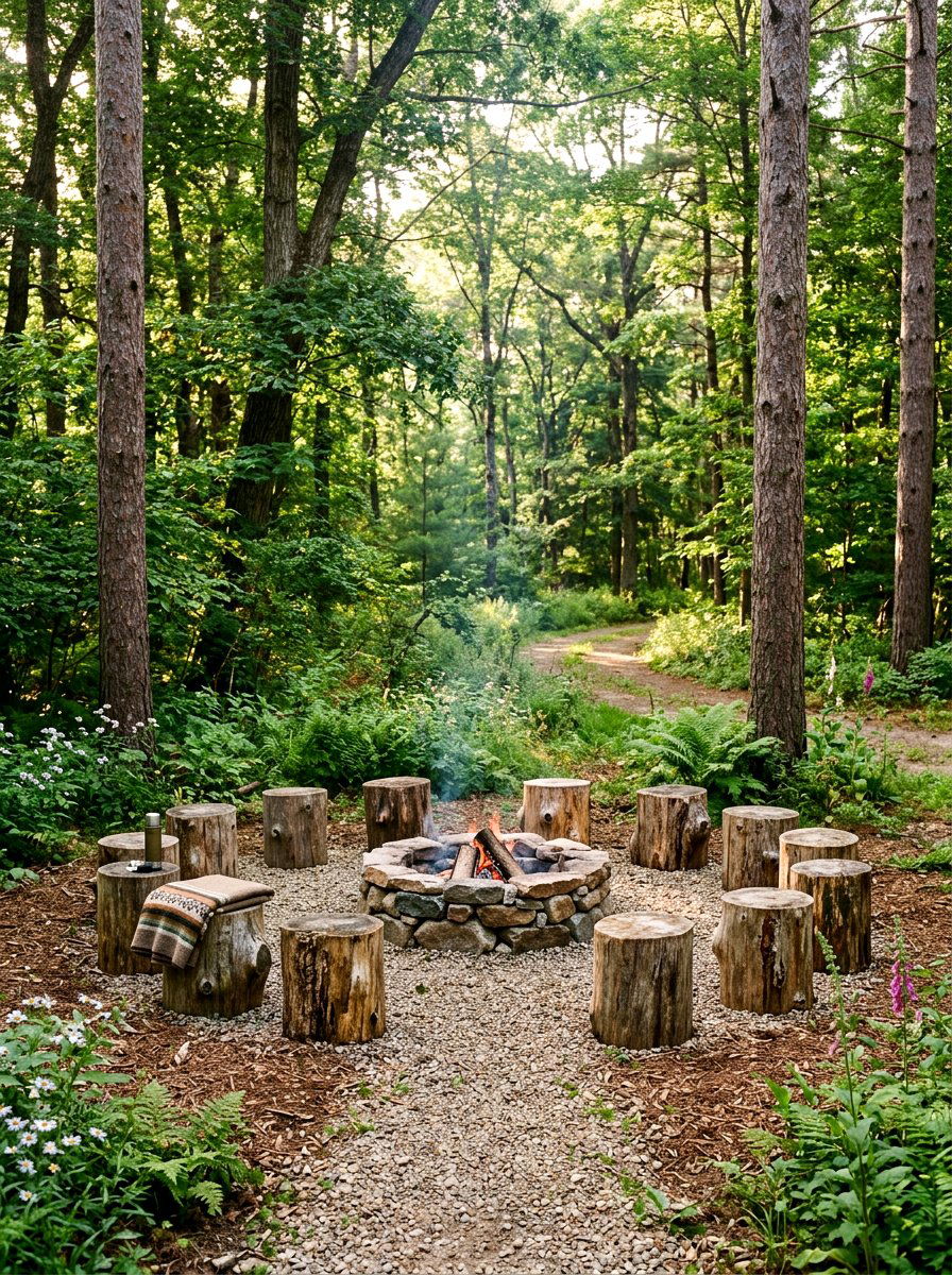 Reclaimed wood stump circle - 30 backyard fireplace seating ideas