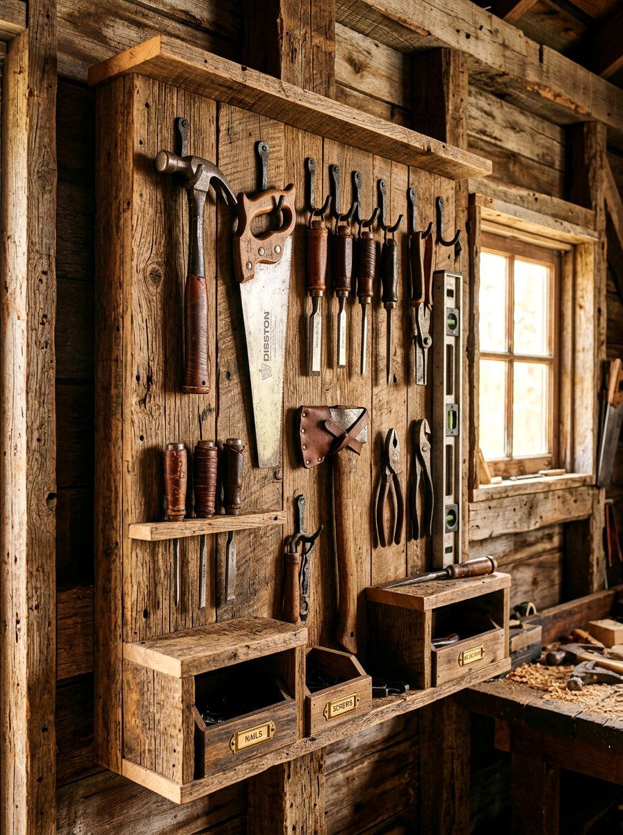 Reclaimed wood tool board - 30 garden tool wall ideas