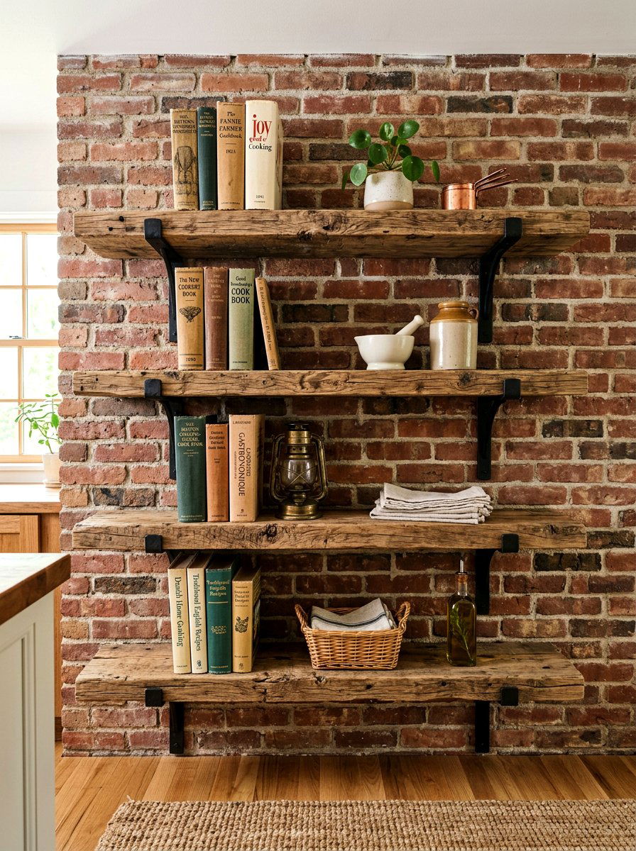 Reclaimed wood wall shelf - 30 cookbook shelf kitchen ideas