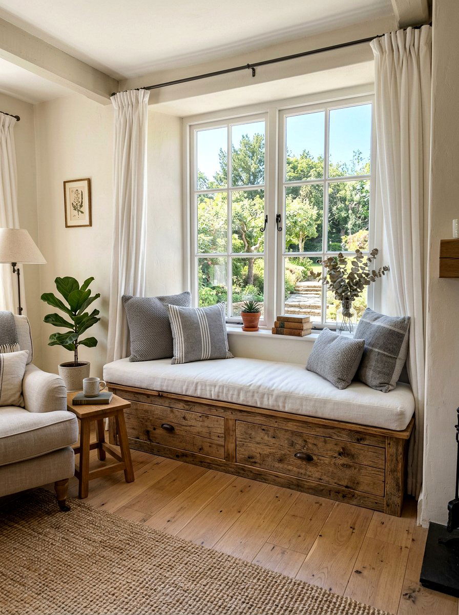 Reclaimed wood window seat - 30 reclaimed wood living room ideas