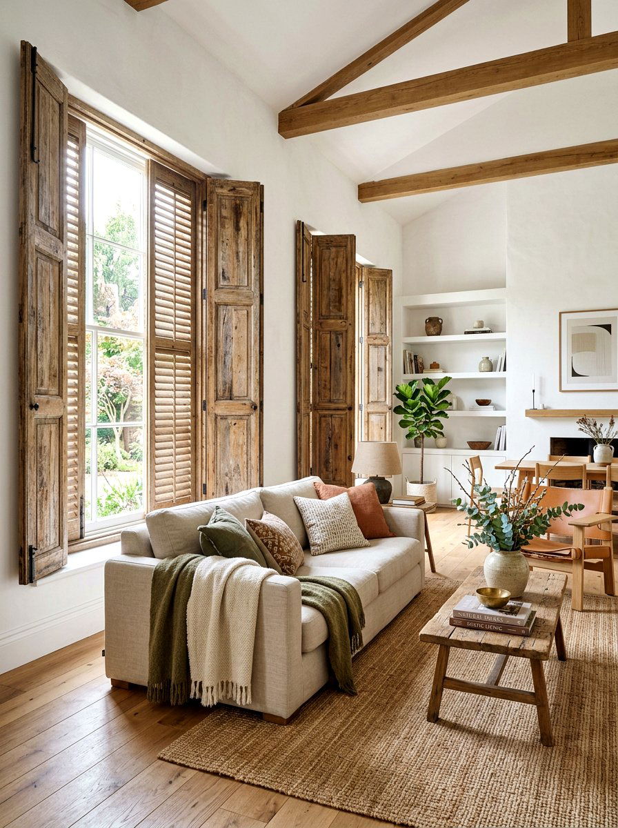 Reclaimed wood window shutters - 30 reclaimed wood living room ideas