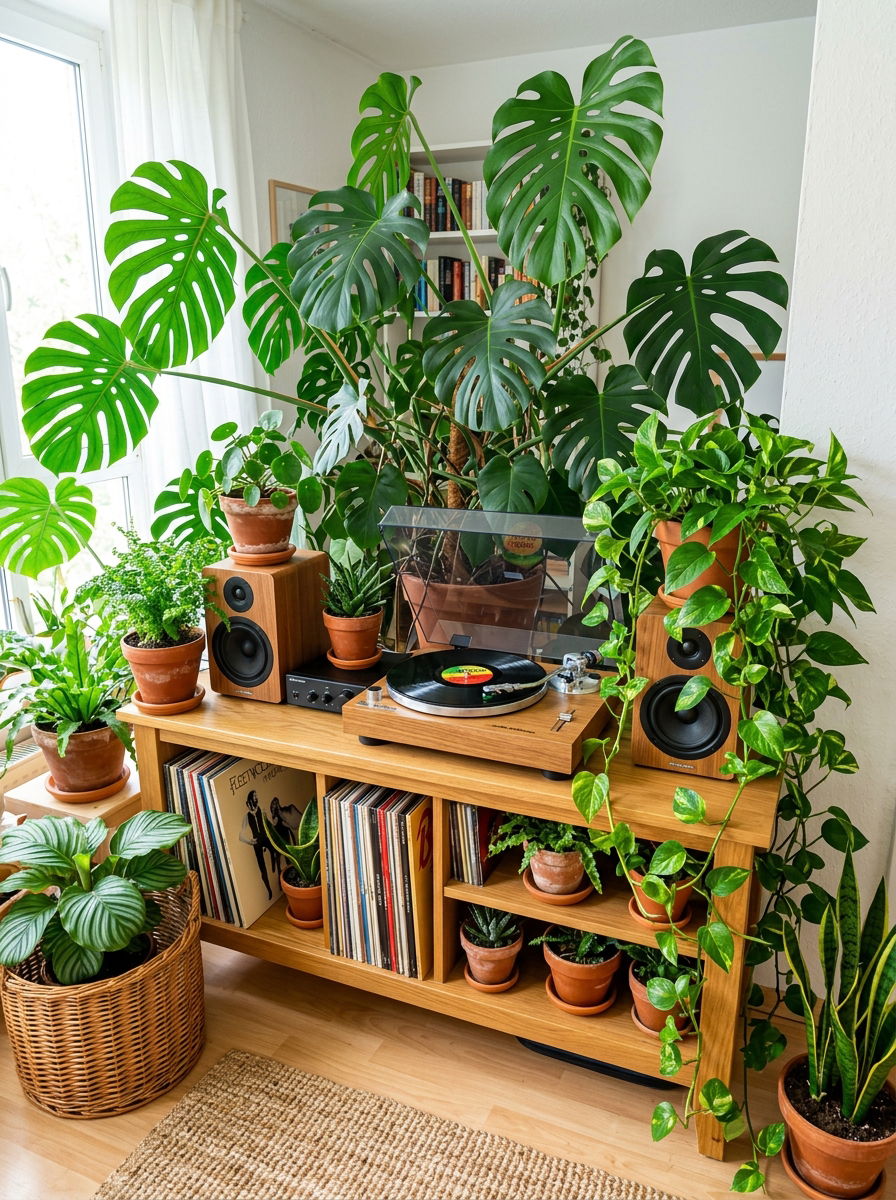 Record Player Setup with Houseplants - 30 vinyl listening corner ideas