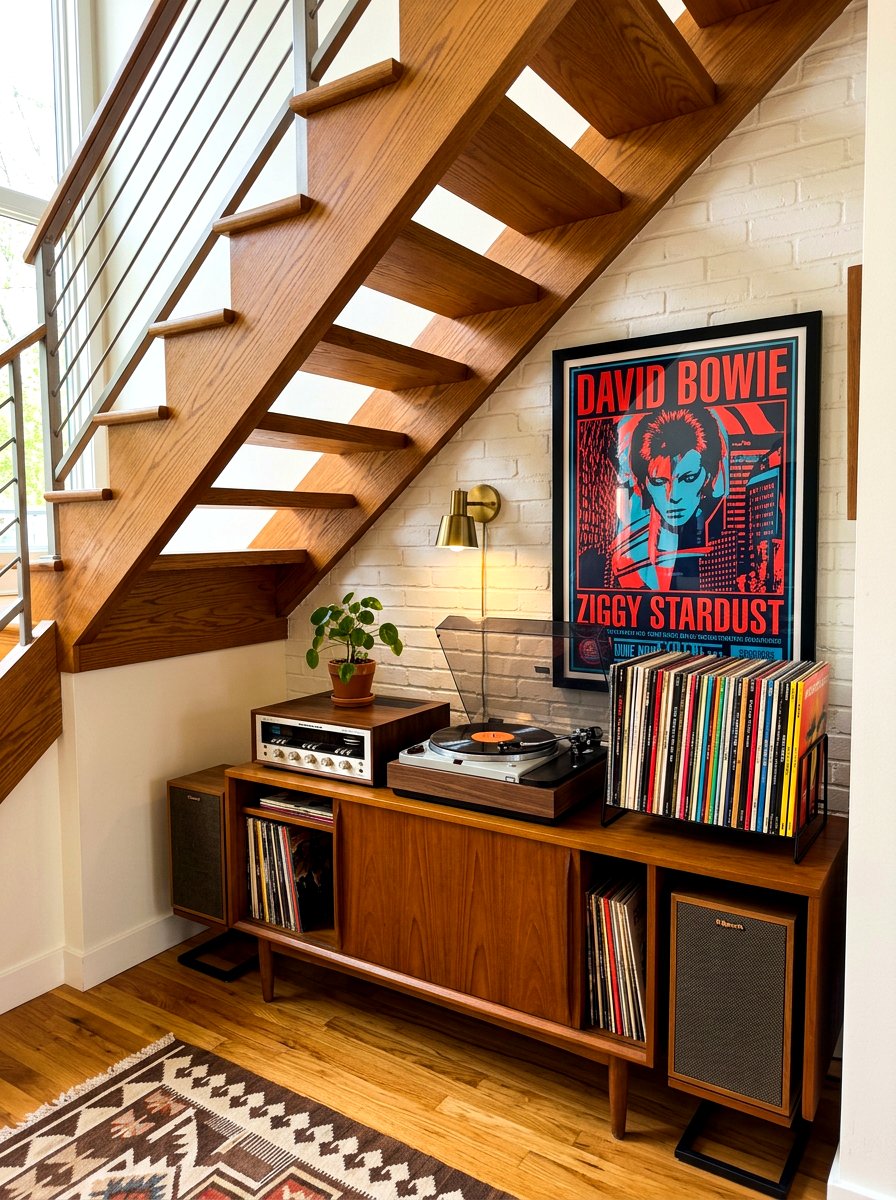 Record Player Station Under Stairs - 30 staircase nook ideas