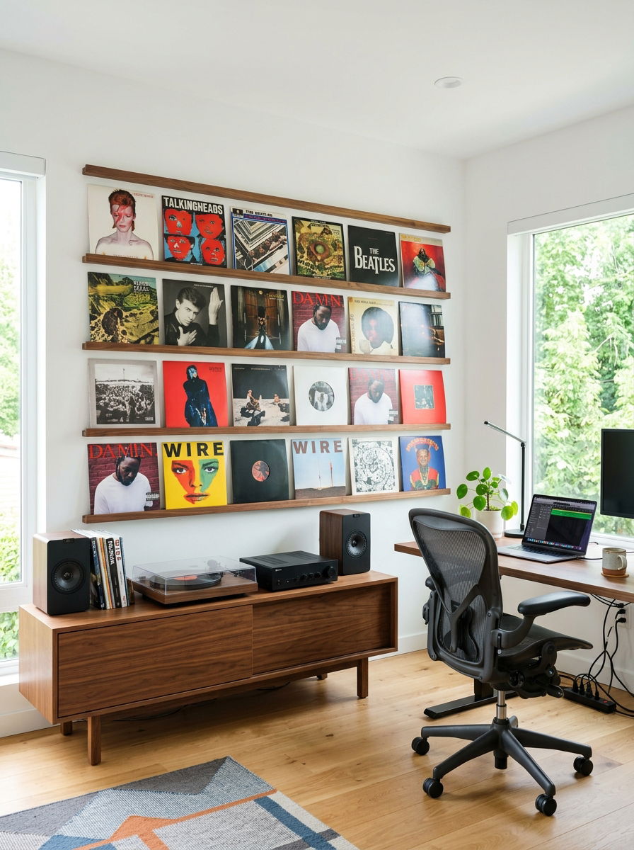 Record Wall Display Ledges - 30 vinyl listening corner ideas
