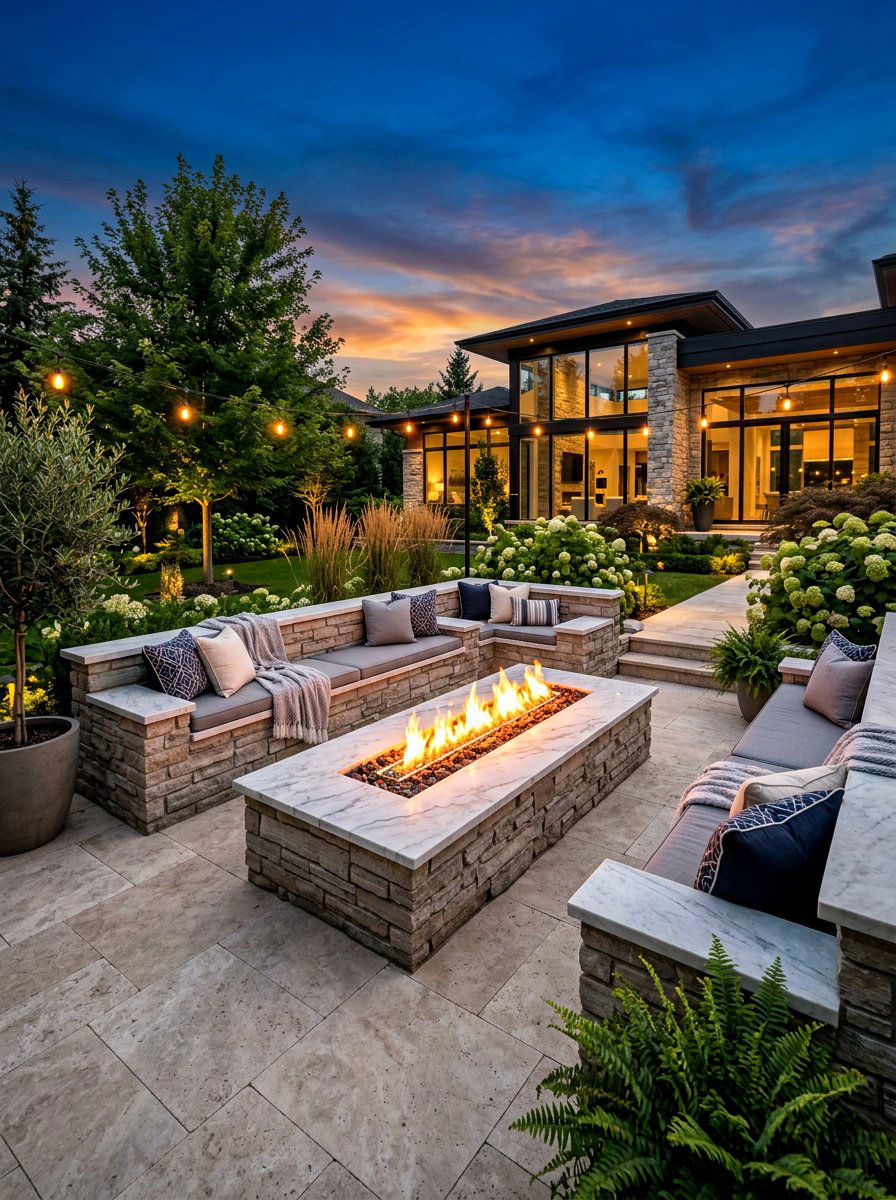 Rectangular Fire Pit With Stone Bench - 30 seat wall fire pit ideas