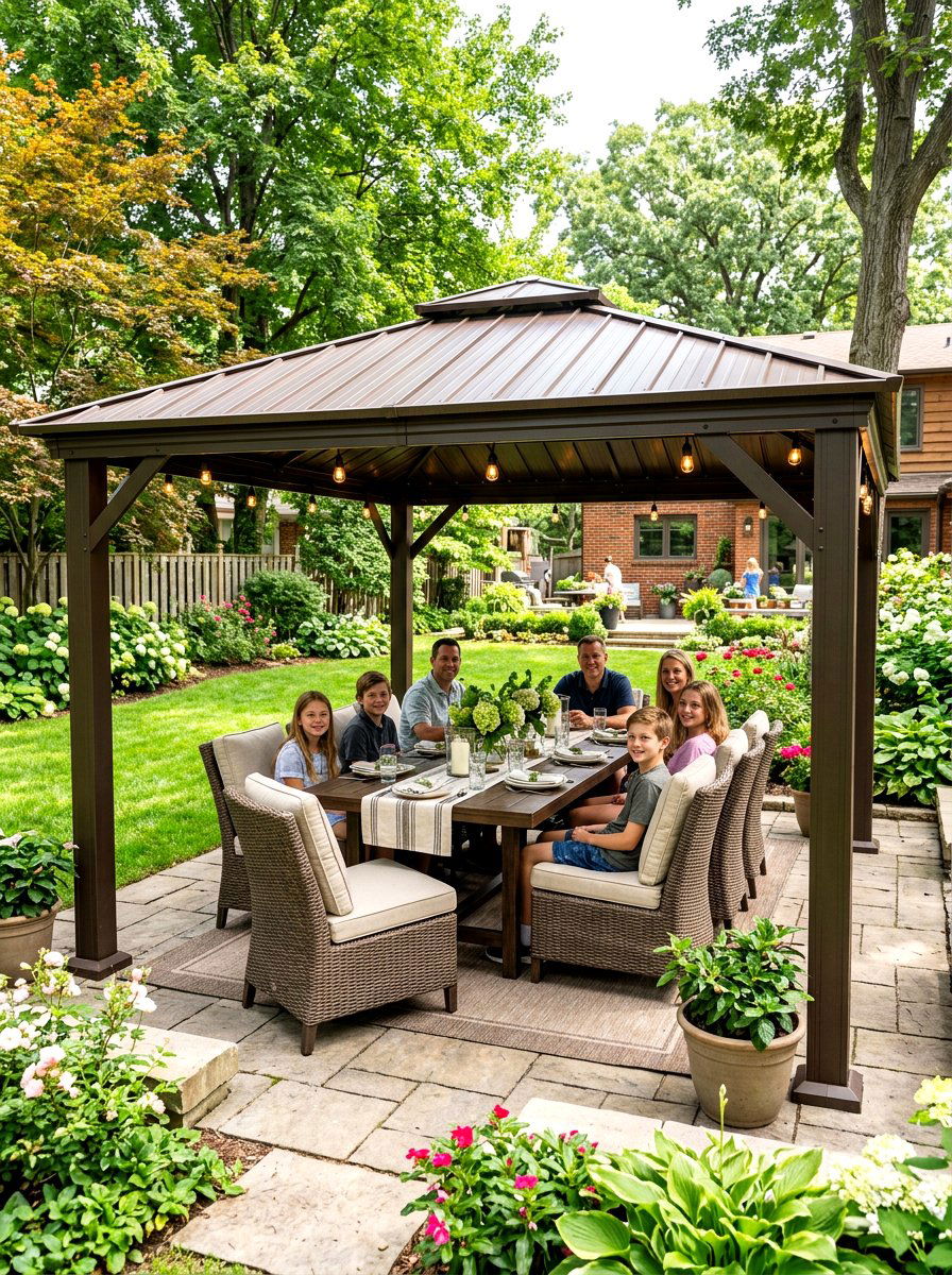 Rectangular Hardtop Gazebo Dining - 30 gazebo dining area ideas