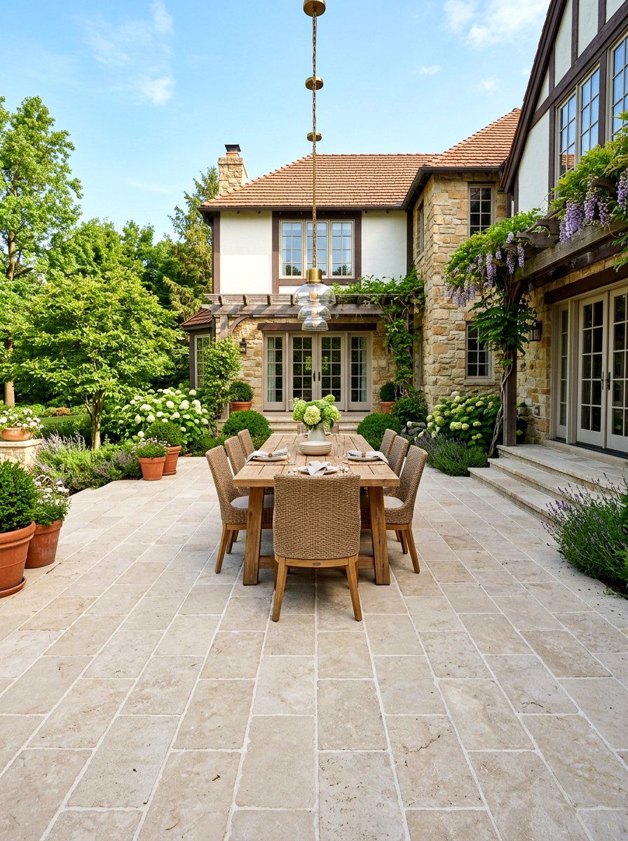 Rectangular limestone paver layout - 30 limestone backyard patio ideas