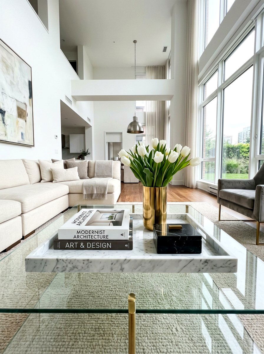 Rectangular marble tray - 30 coffee table tray styling ideas