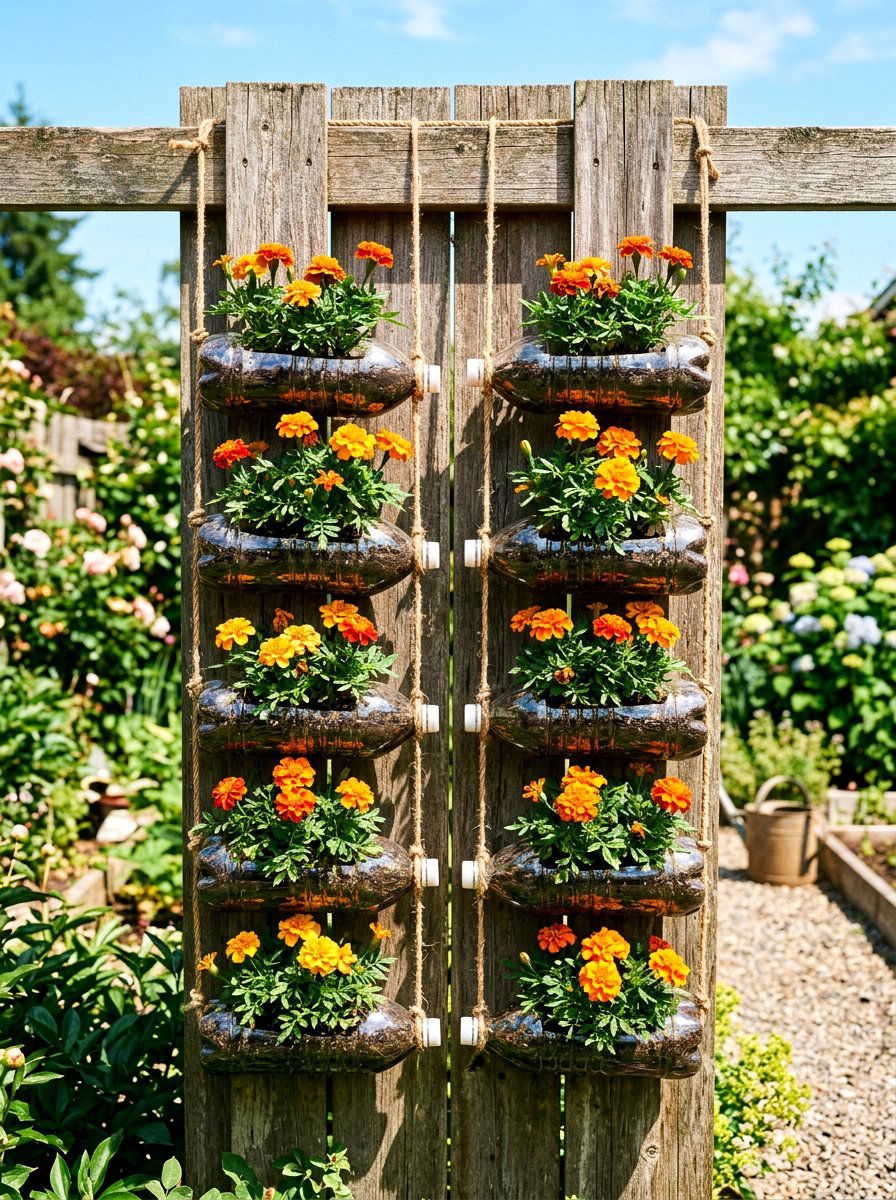 Recycled Bottle Garden - 30 vertical flower garden ideas