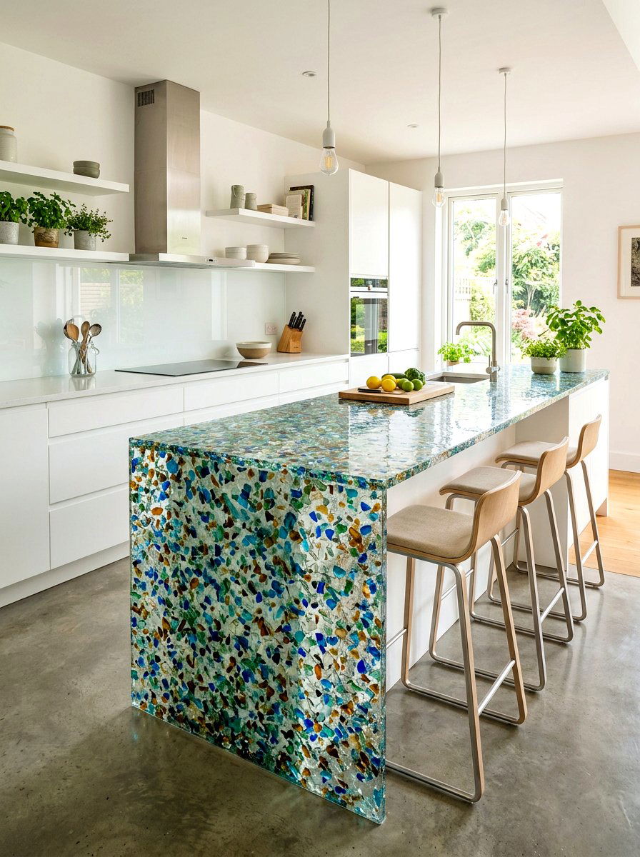 Recycled Glass Waterfall Island - 30 waterfall countertop ideas