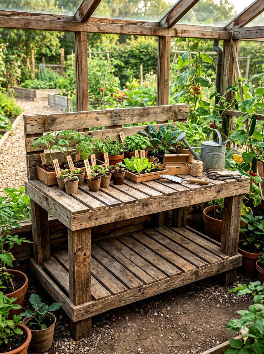 Recycled Pallet Greenhouse Bench - 30 greenhouse propagation bench ideas