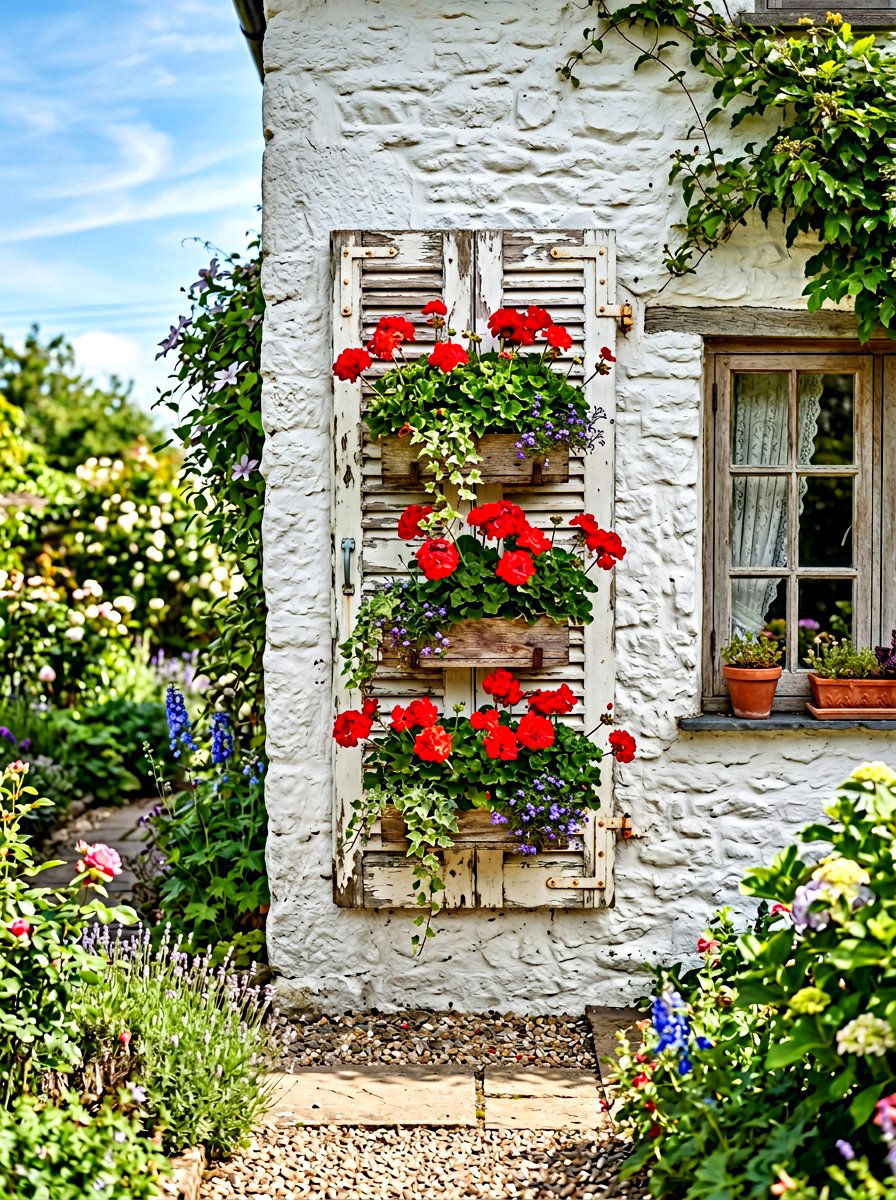 Recycled Shutter Flower Display - 30 rustic vertical garden ideas