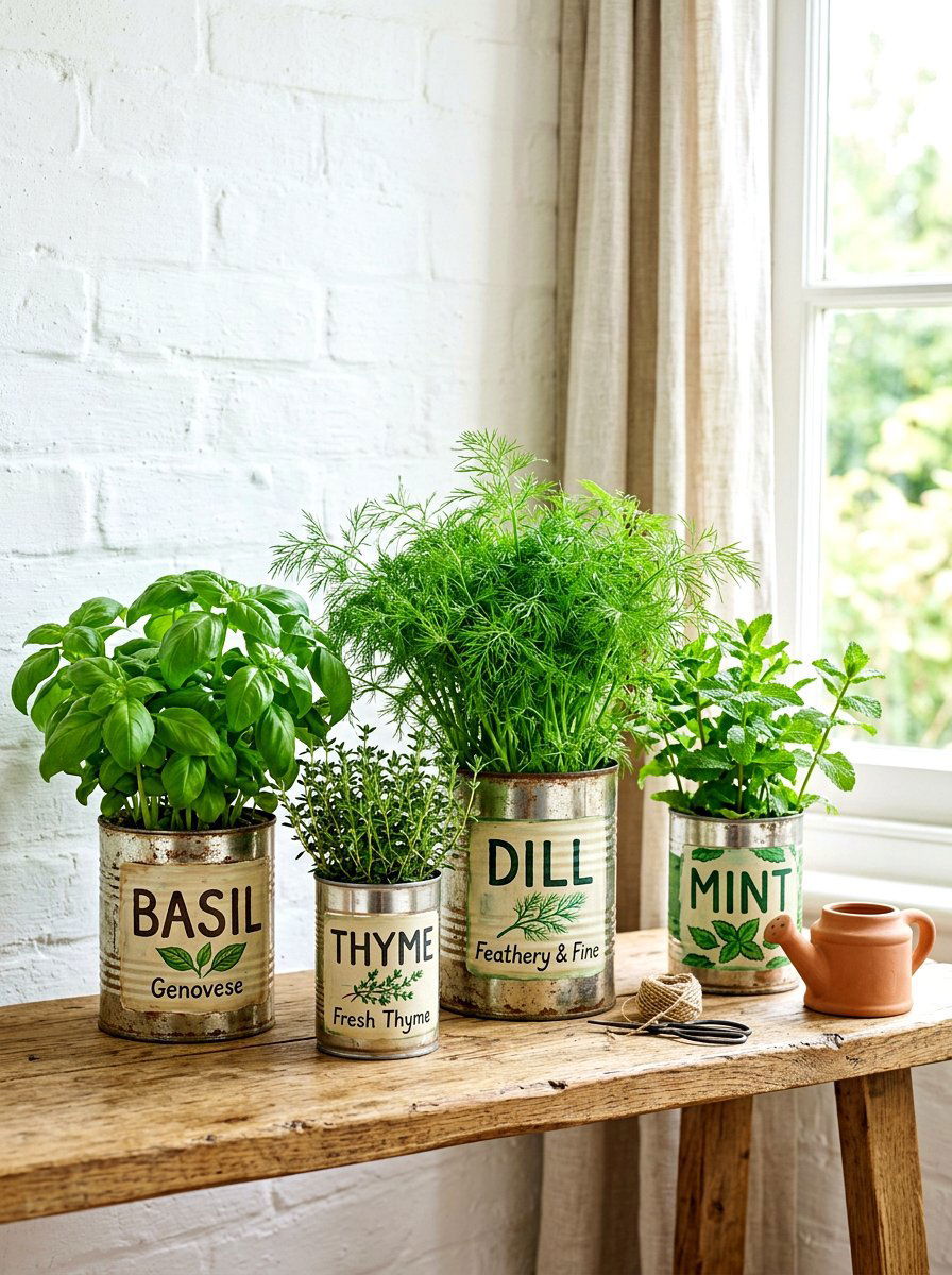 Recycled Tin Can Herb Pot - 30 container herb garden ideas