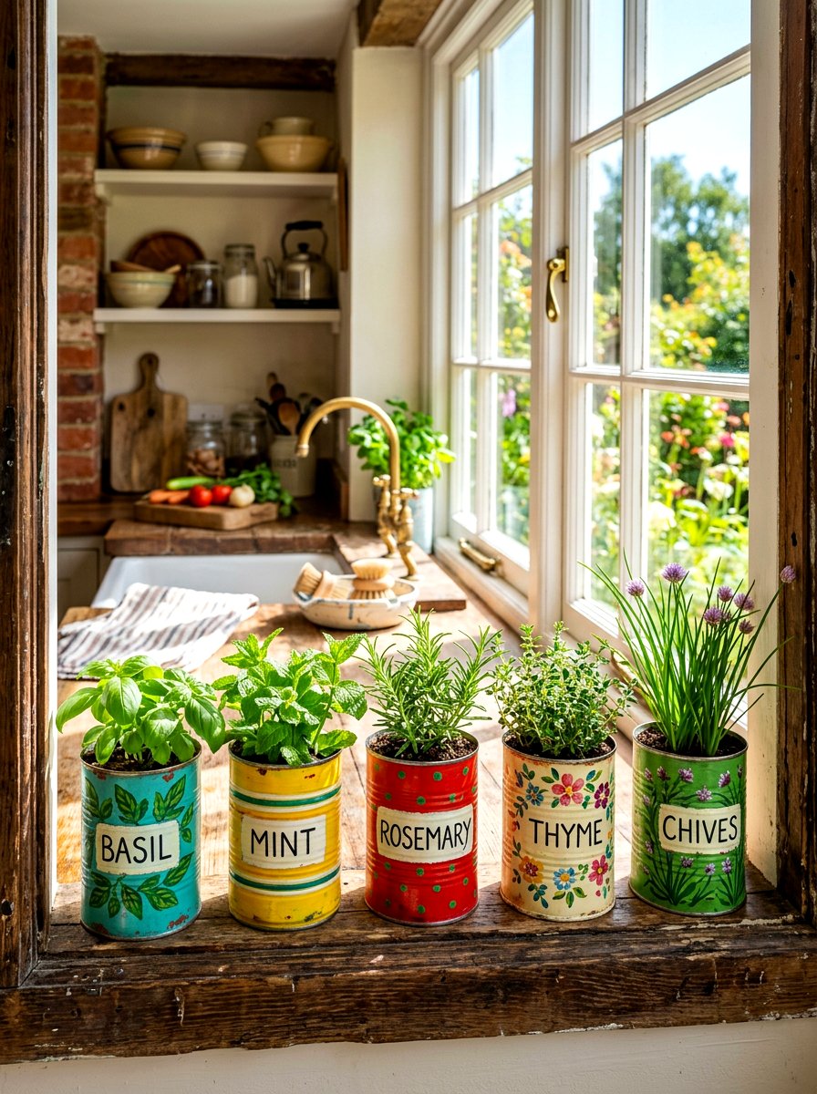 Recycled Tin Can Kitchen Sills - 30 small planter ideas