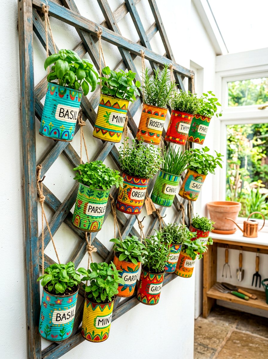 Recycled Tin Can Patch - 30 hanging herb garden ideas