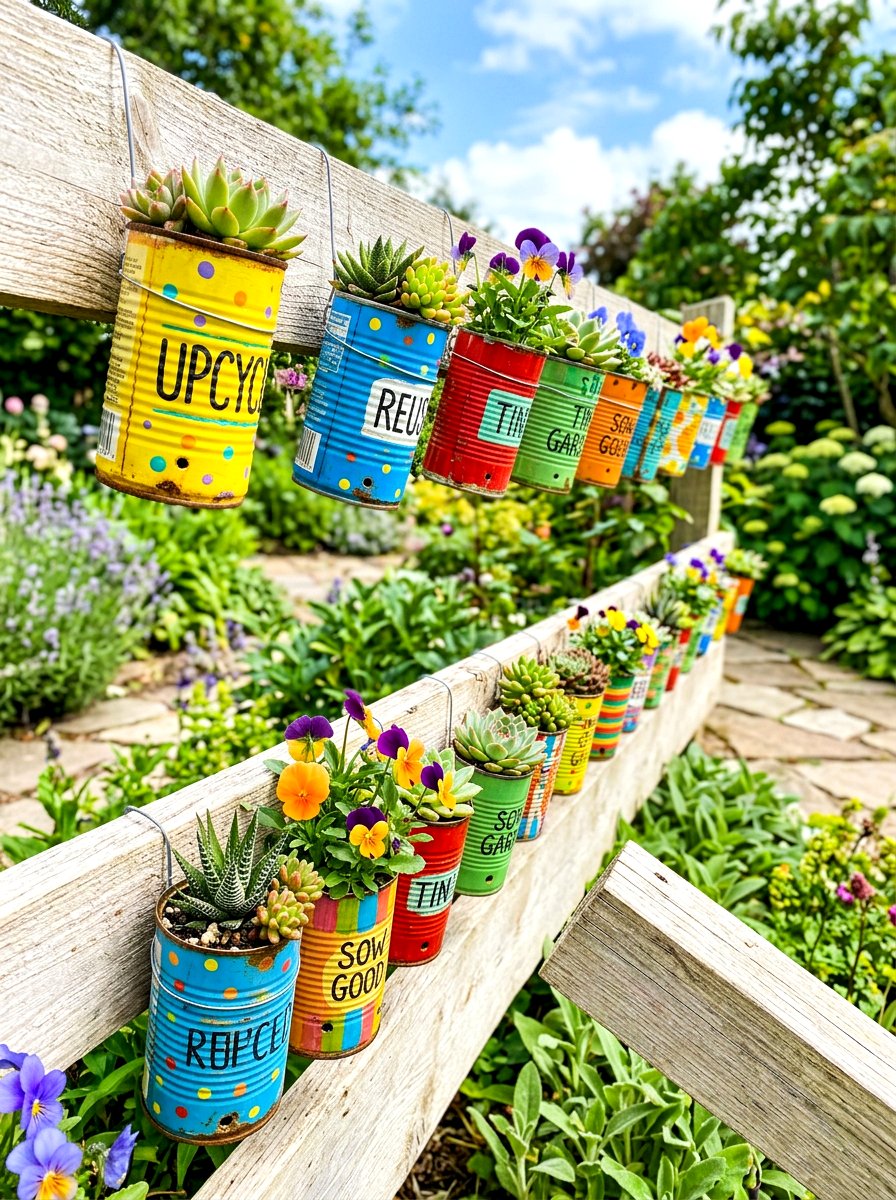 Recycled Tin Can - 30 fence planter ideas