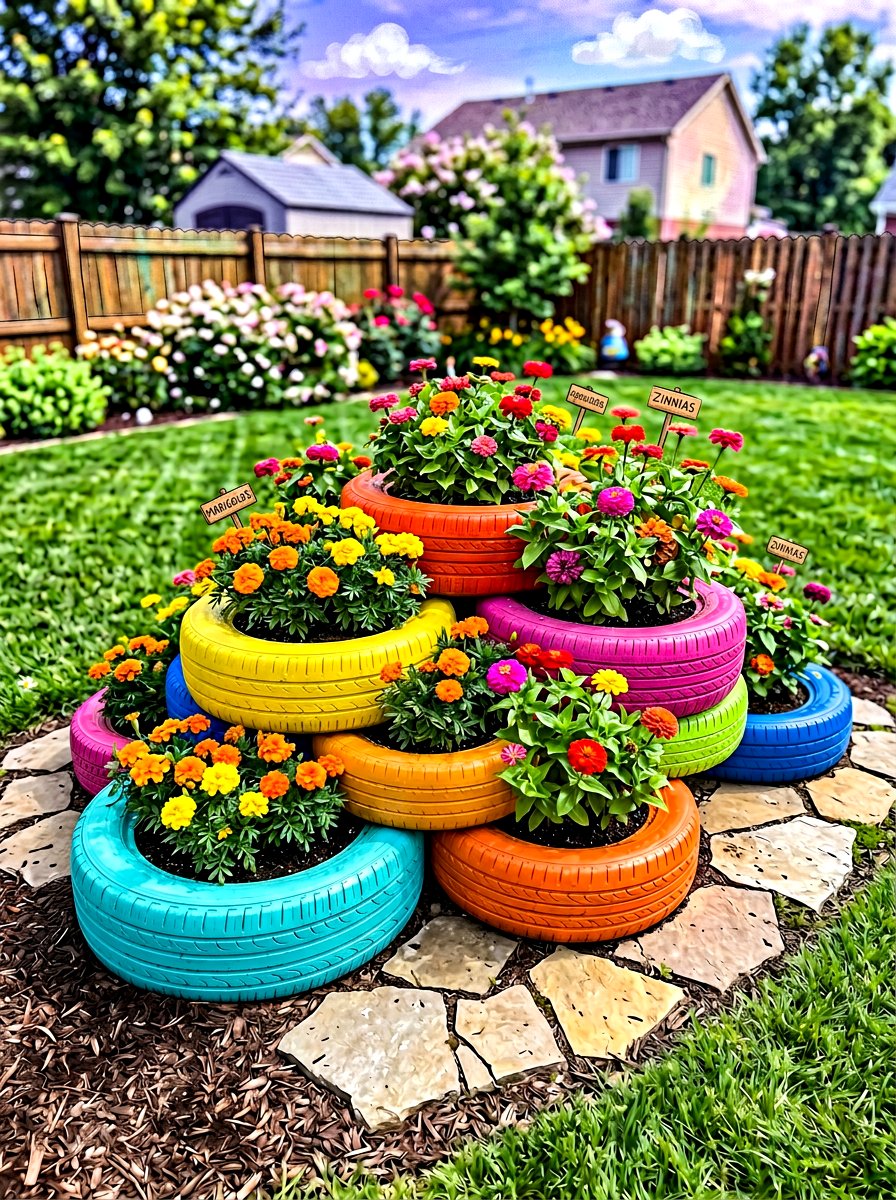 Recycled Tire Garden Bed - 30 raised planter box ideas