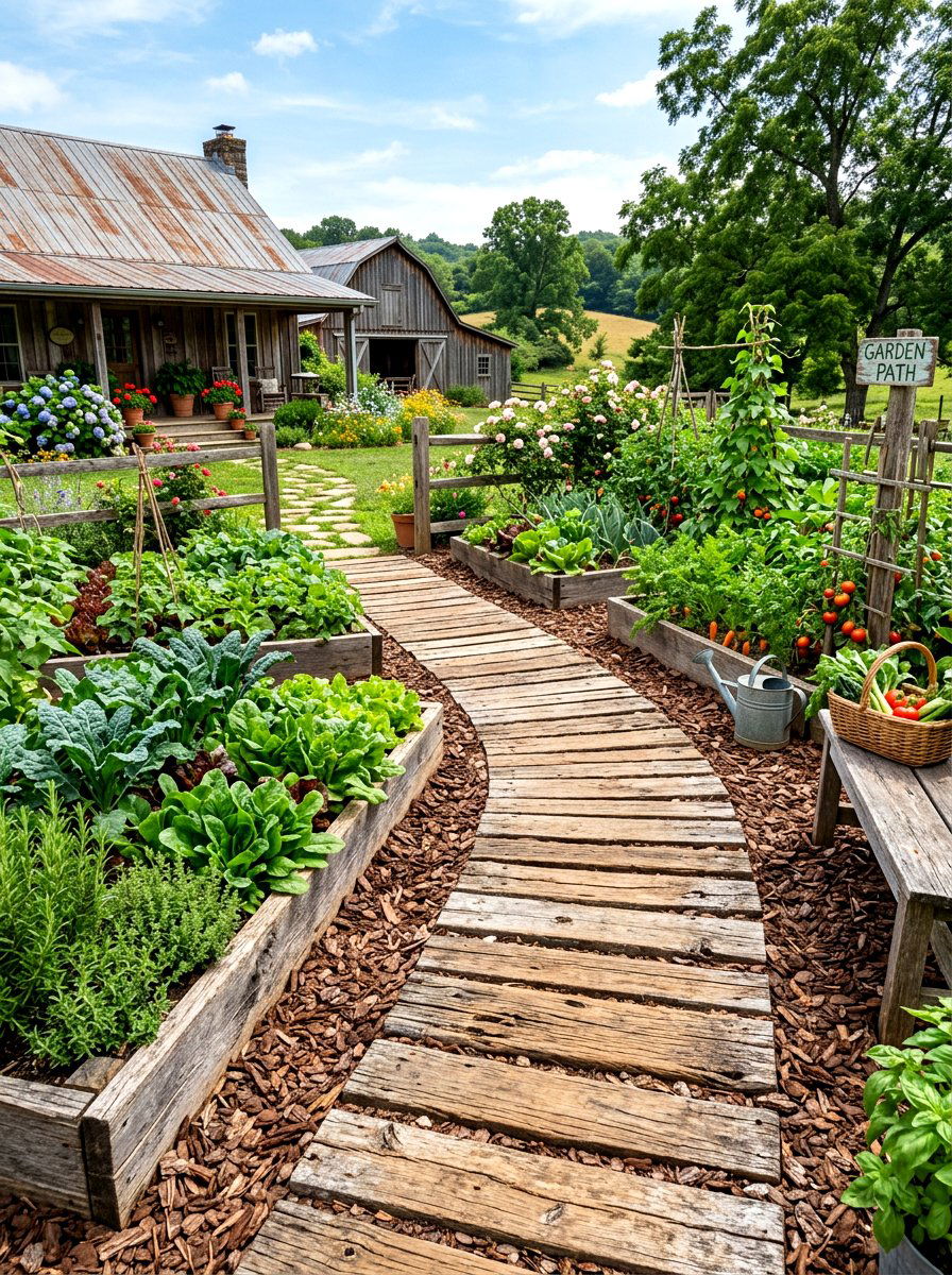 Recycled Wood Path - 30 stepping stone walkway ideas