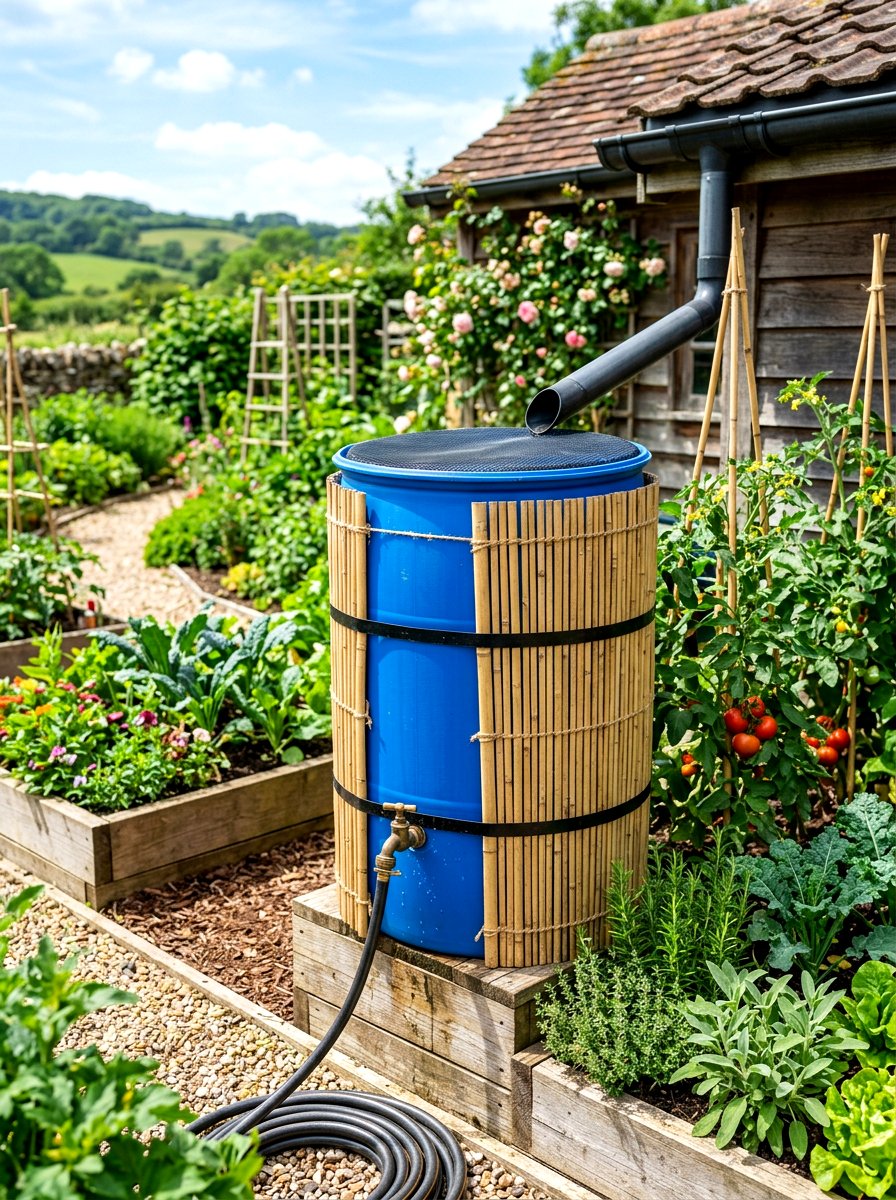 Recycled blue plastic drum rain barrel - 30 rain barrel ideas