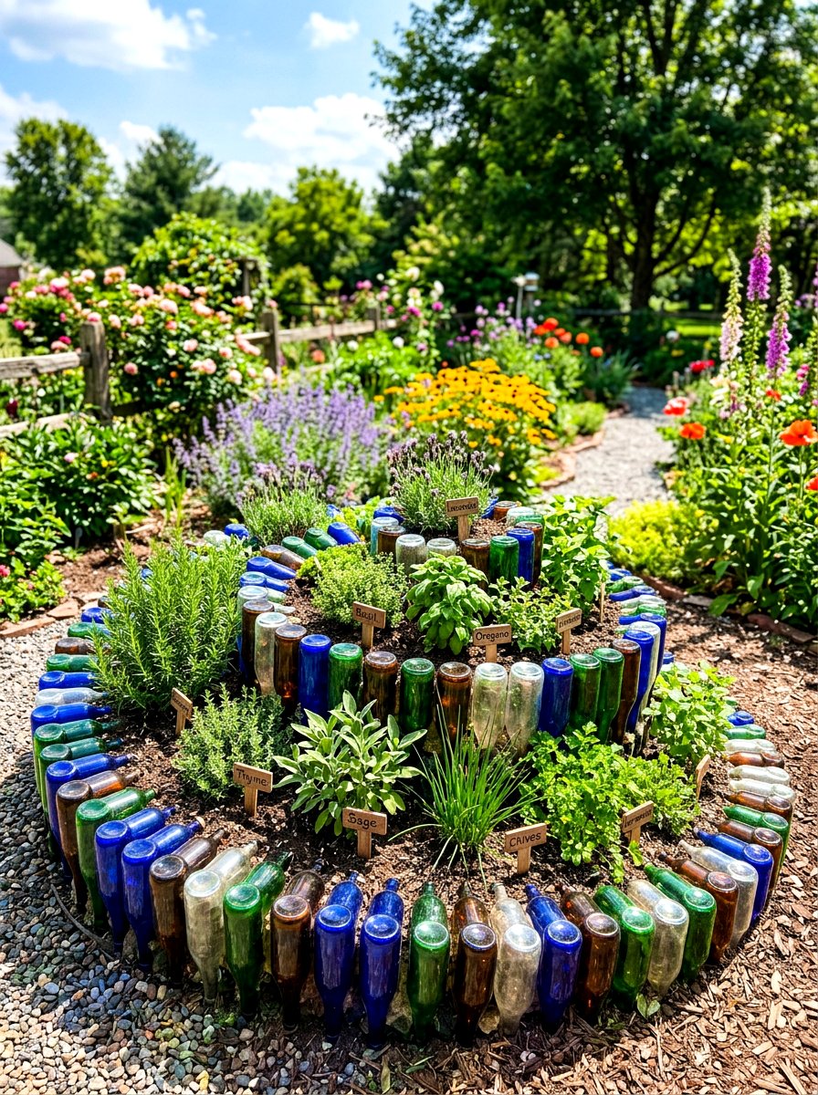Recycled bottle herb spiral - 30 herb spiral ideas