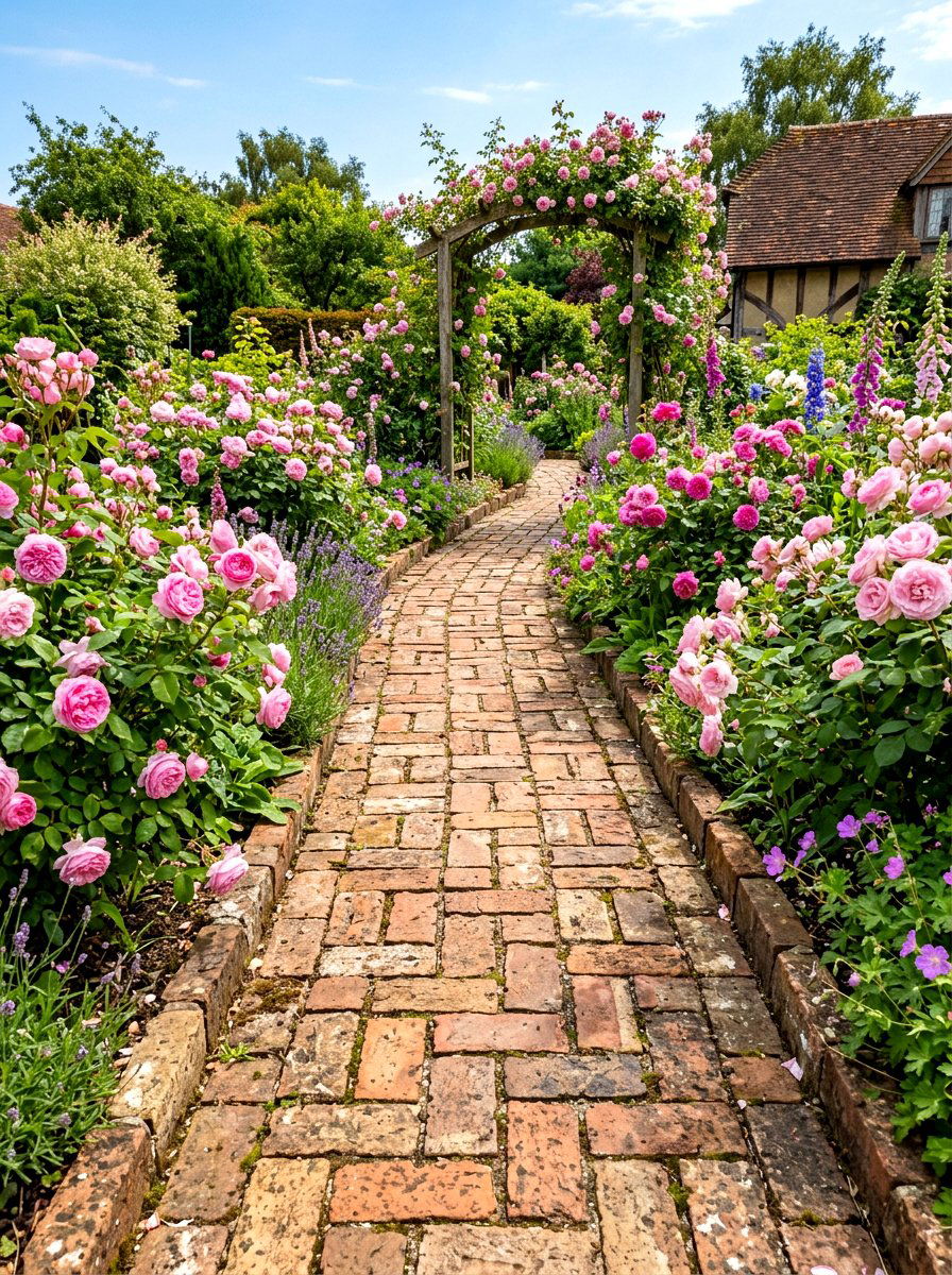 Recycled brick rose path - 30 rose garden walkway ideas