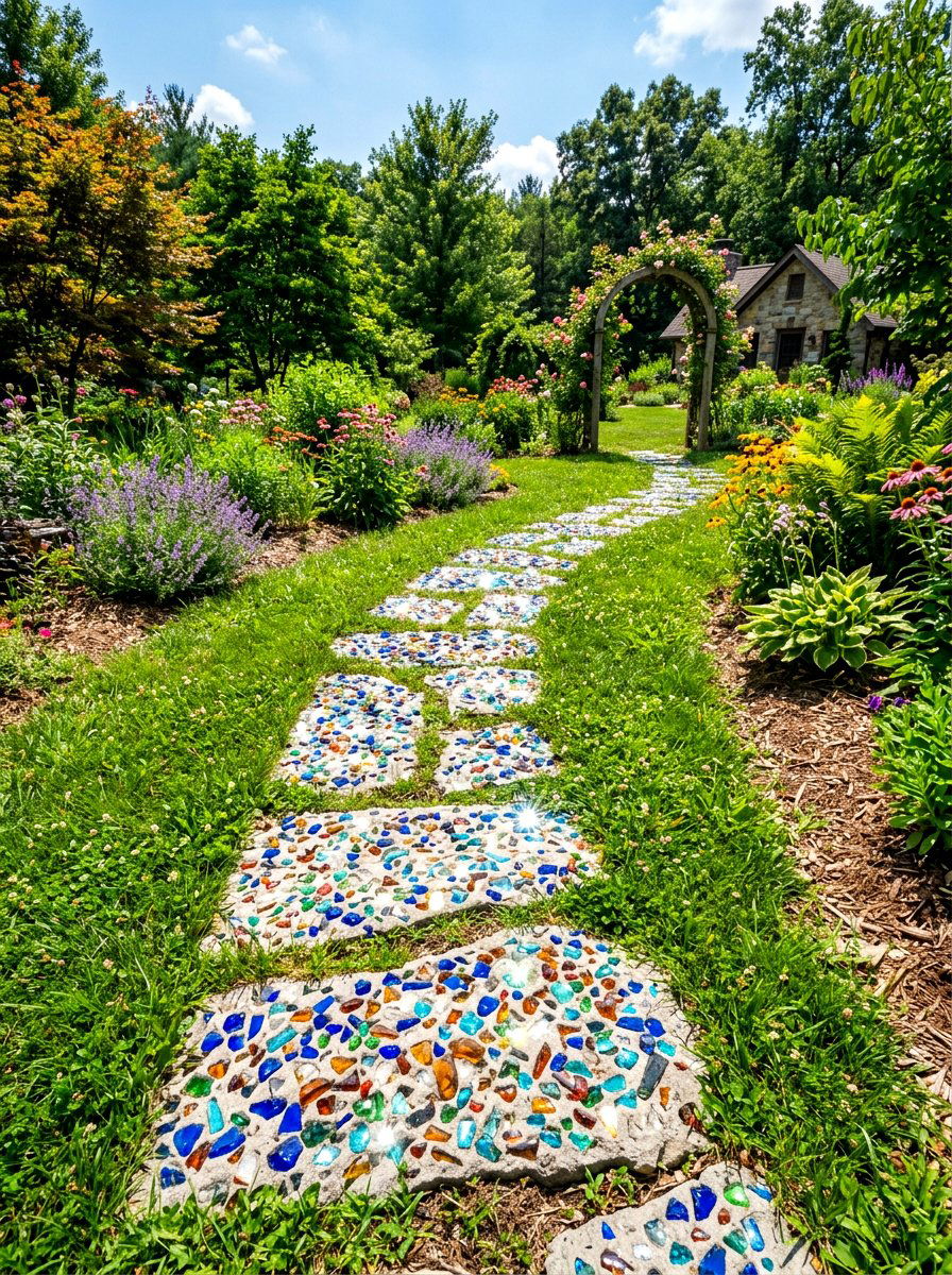 Recycled glass garden stones - 30 stepping stones through grass ideas