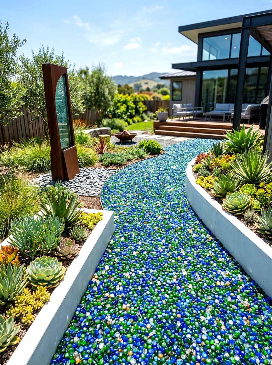 Recycled glass gravel path - 30 gravel path backyard ideas